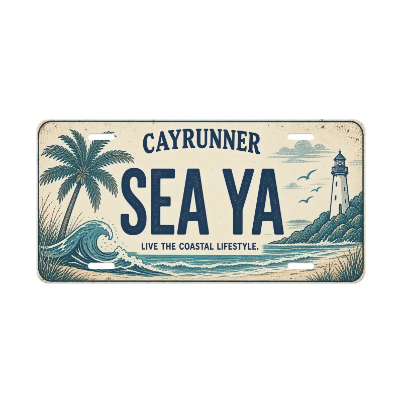 Cayrunner Sea Ya Vanity License Plate with palm tree, wave, and lighthouse design, "Live the Coastal Lifestyle."