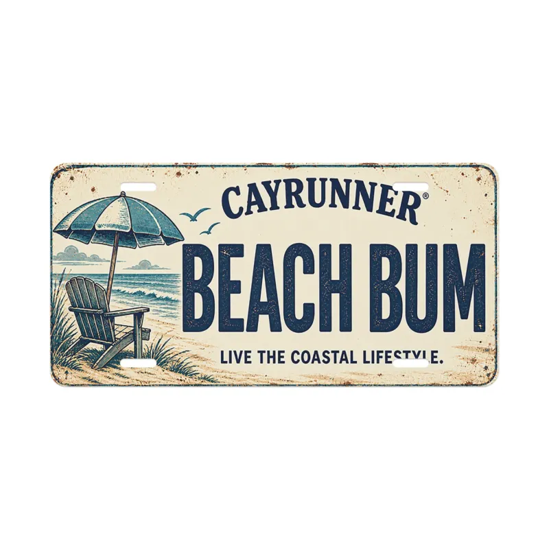 Cayrunner Beach Bum Vanity License Plate with rustic beach chair and umbrella design, "Live the Coastal Lifestyle."
