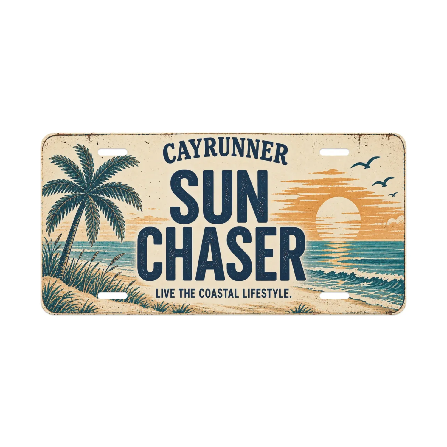 Cayrunner Sun Chaser Vanity License Plate with palm tree and ocean sunset design, "Live the Coastal Lifestyle."