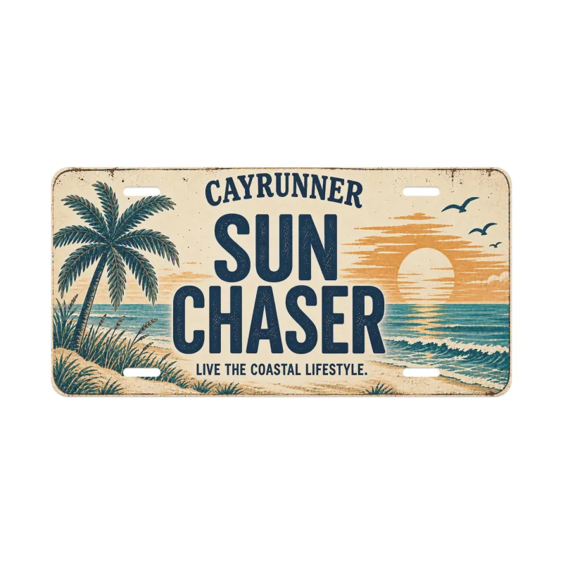 Cayrunner Sun Chaser Vanity License Plate with palm tree and ocean sunset design, "Live the Coastal Lifestyle."
