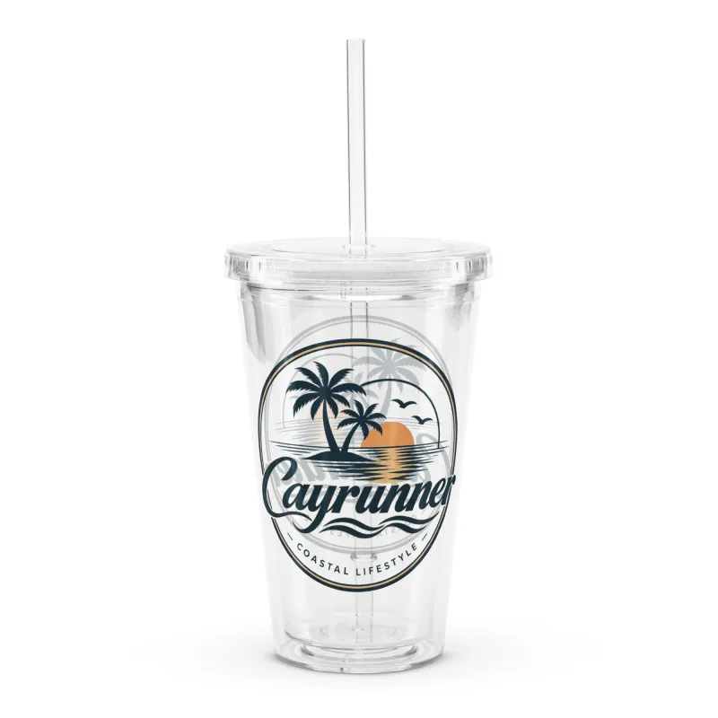 Cayrunner Sunset Run Clear Plastic Tumbler with straw, front view, showing palm tree coastal lifestyle logo.