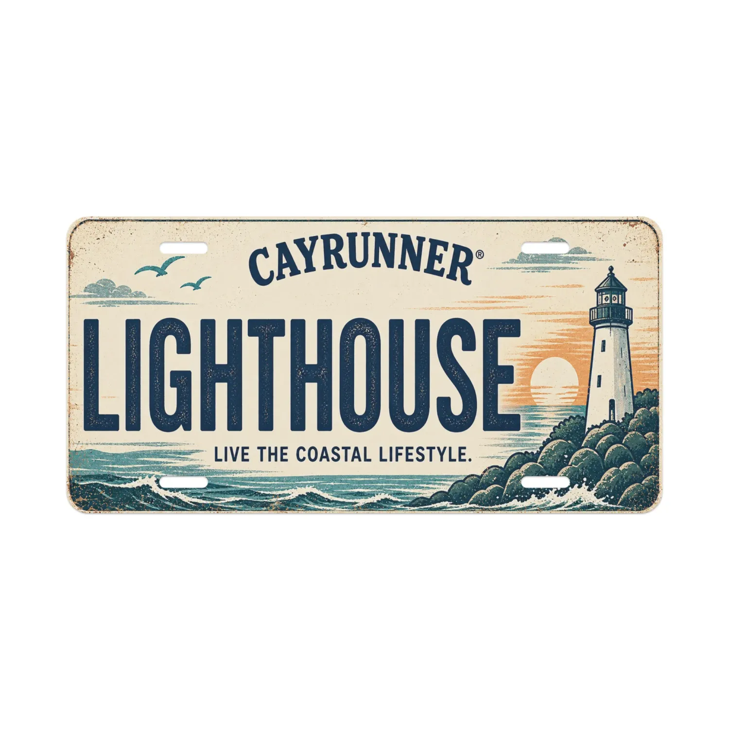 Cayrunner Lighthouse Vanity License Plate with sunset ocean and lighthouse design, "Live the Coastal Lifestyle."