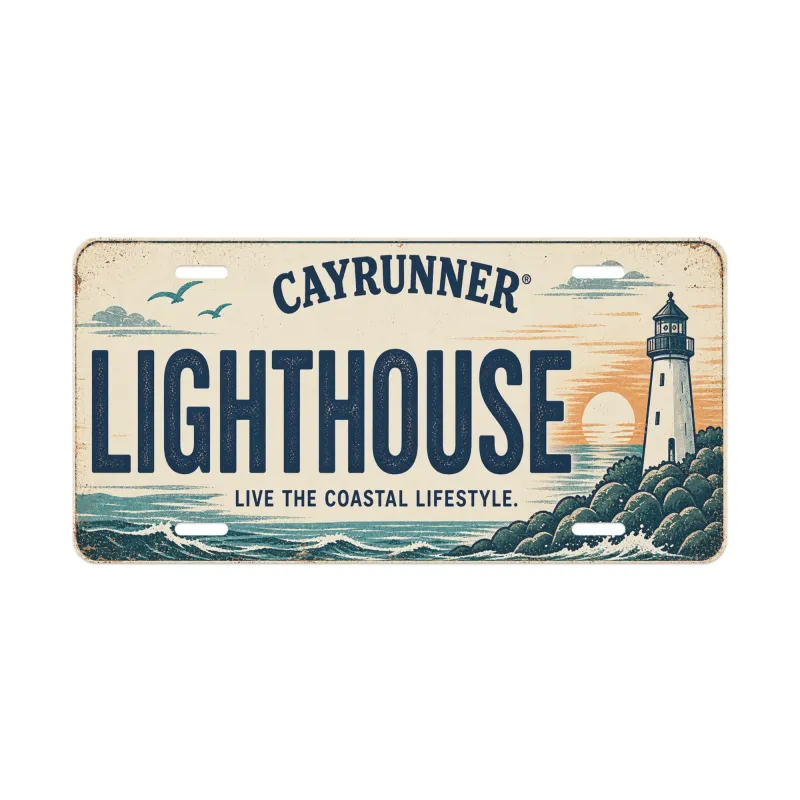 Cayrunner Lighthouse Vanity License Plate with sunset ocean and lighthouse design, "Live the Coastal Lifestyle."
