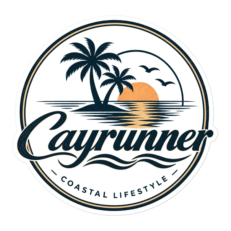 Cayrunner Sunset Run Sticker, 5.5 inch, round design with palm tree and sunset ocean coastal lifestyle logo.