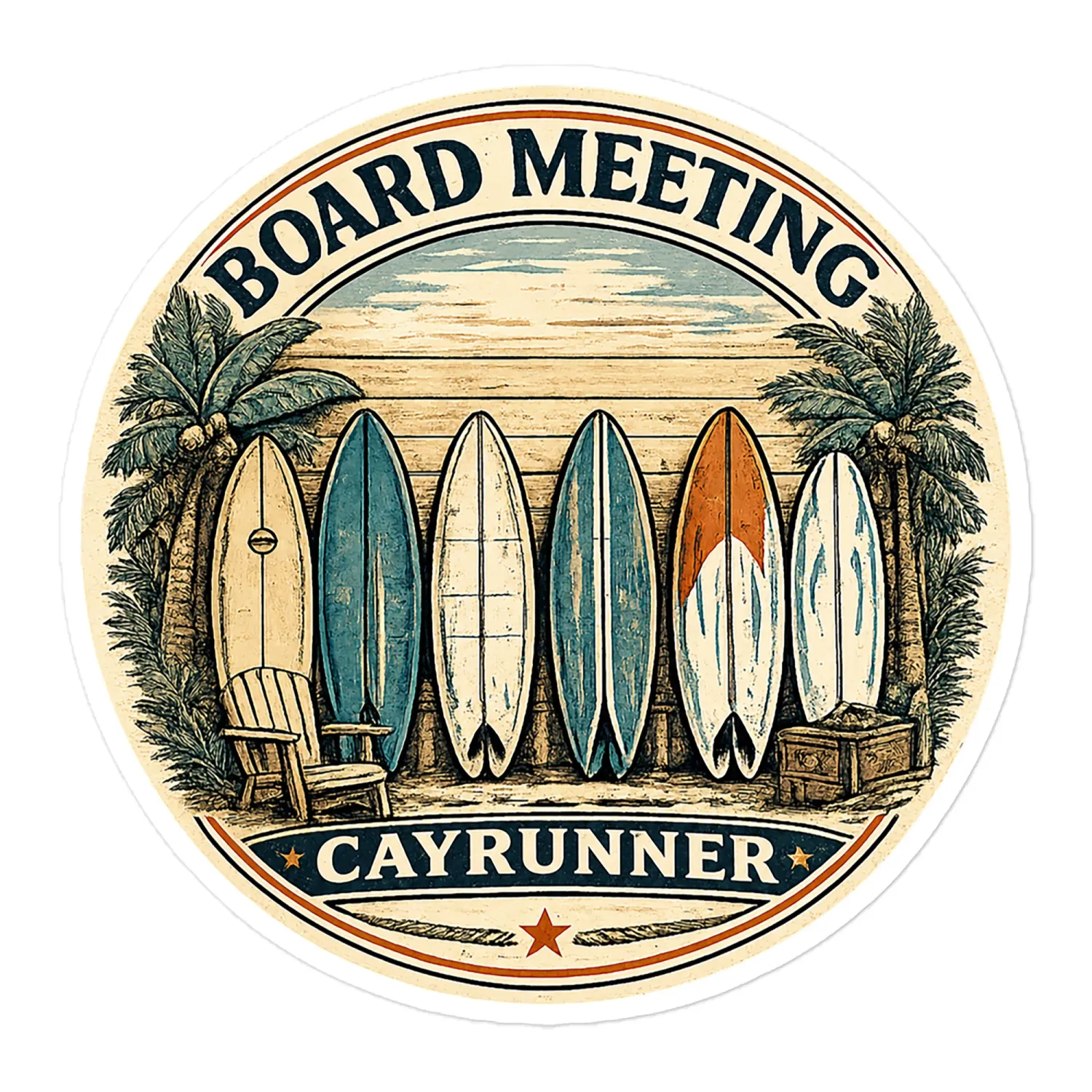 Cayrunner Board Meeting Sticker, 5.5 inch, round vintage design with surfboards and palm trees on beach.