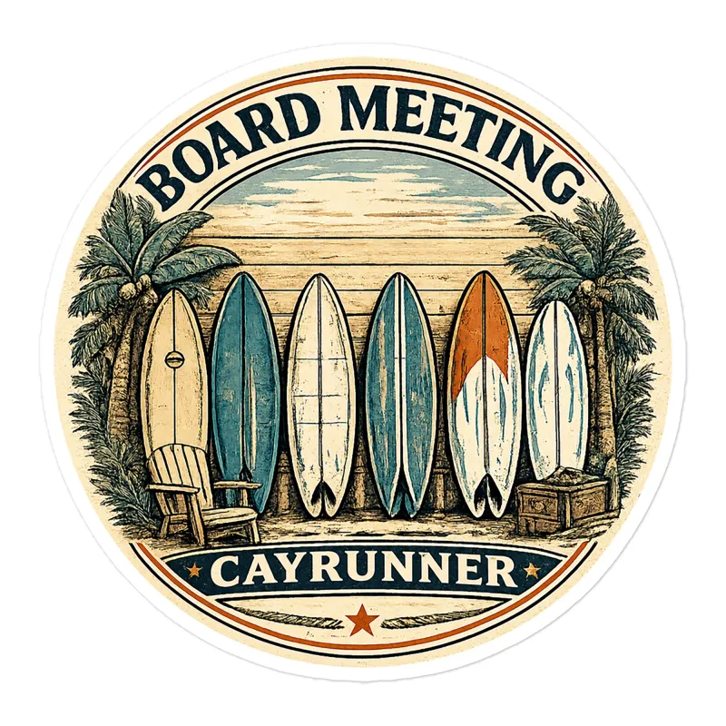 Cayrunner Board Meeting Sticker, 5.5 inch, round vintage design with surfboards and palm trees on beach.