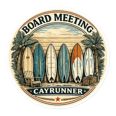Cayrunner Board Meeting Sticker, 5.5 inch, round vintage design with surfboards and palm trees on beach.
