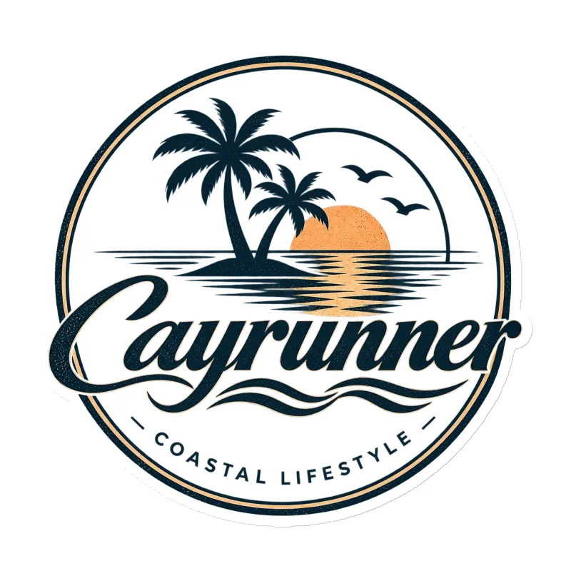 Cayrunner Sunset Run Magnet, 6 inch, round design with palm tree and sunset ocean coastal lifestyle logo.