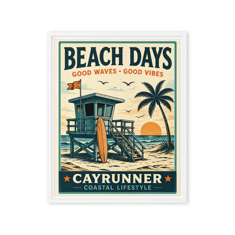 Cayrunner Beach Days Framed Canvas, 16x20, white frame, with lifeguard tower, surfboard, and palm tree design.