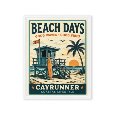 Cayrunner Beach Days Framed Canvas, 16x20, white frame, with lifeguard tower, surfboard, and palm tree design.