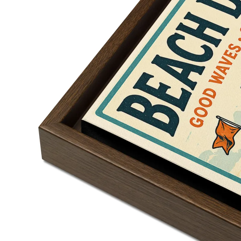 Close-up corner view of Cayrunner Beach Days Framed Canvas, brown wood frame, showing canvas texture and print detail.