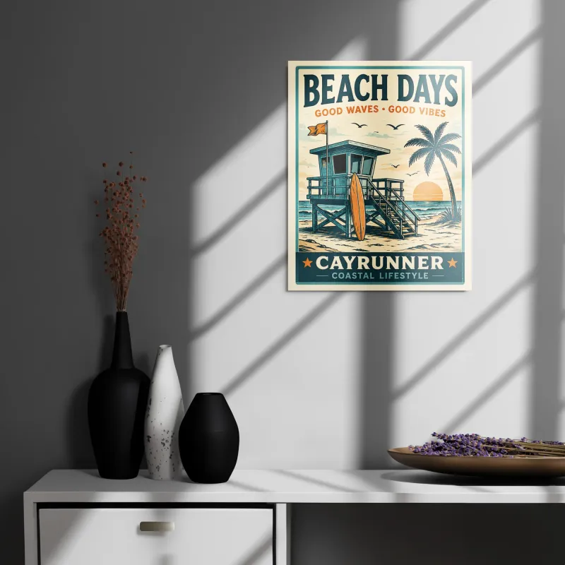 Cayrunner Beach Days Metal Print, 16x20, hanging above console table, lifeguard tower and palm tree beach design.
