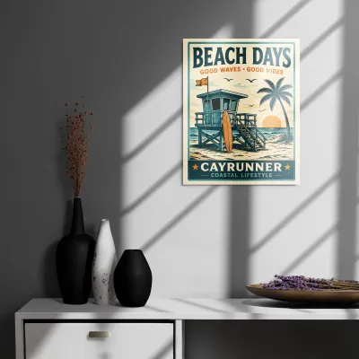 Cayrunner Beach Days Metal Print, 16x20, hanging above console table, lifeguard tower and palm tree beach design.