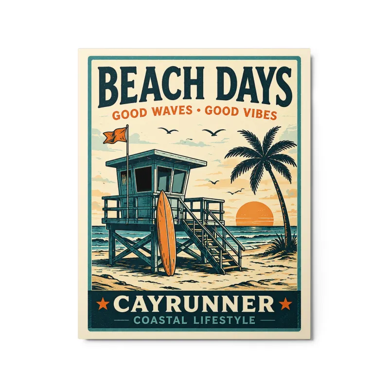 Cayrunner Beach Days Metal Print, 16x20, with lifeguard tower, surfboard, and palm tree sunset beach design.