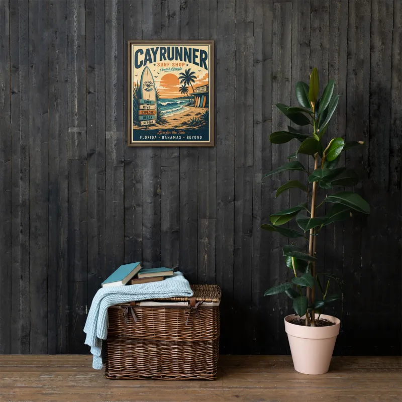 Cayrunner Live for the Tide Framed Canvas, 16x20, hanging on dark wood wall, with surfboard and beach sunset design.