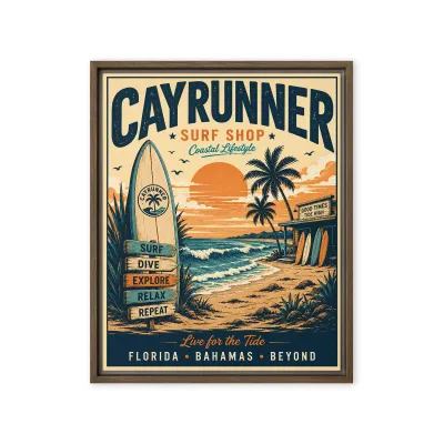 Cayrunner Live for the Tide Framed Canvas, 16x20, brown frame, with surf shop, surfboard, and beach sunset design.
