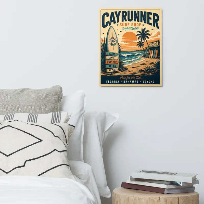 Cayrunner Live for the Tide Metal Print displayed on a bedroom wall above a bed with pillows and nightstand