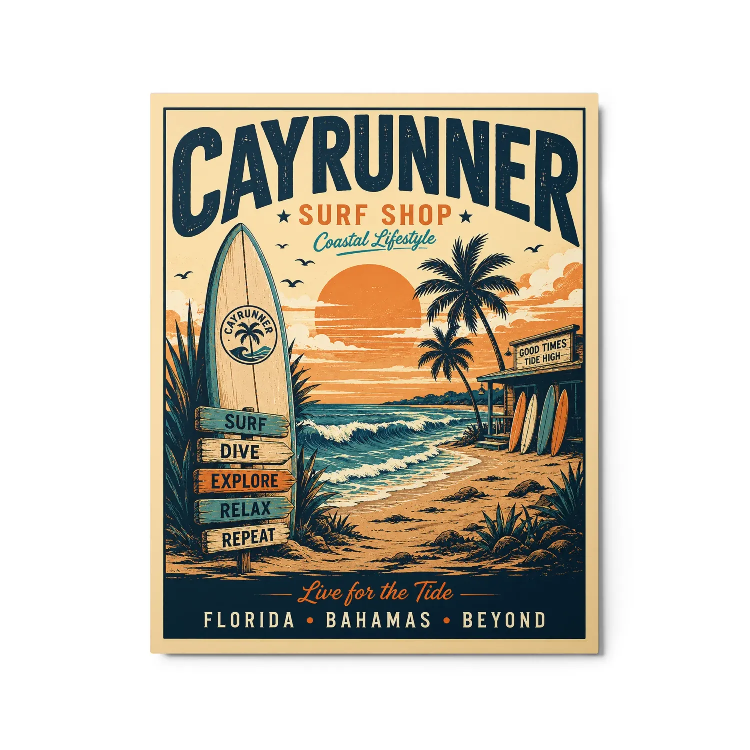 Cayrunner Live for the Tide Metal Print – surf shop art with beach sunset, palm trees, and surfboard signpost