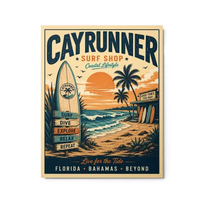 Cayrunner Live for the Tide Metal Print – surf shop art with beach sunset, palm trees, and surfboard signpost