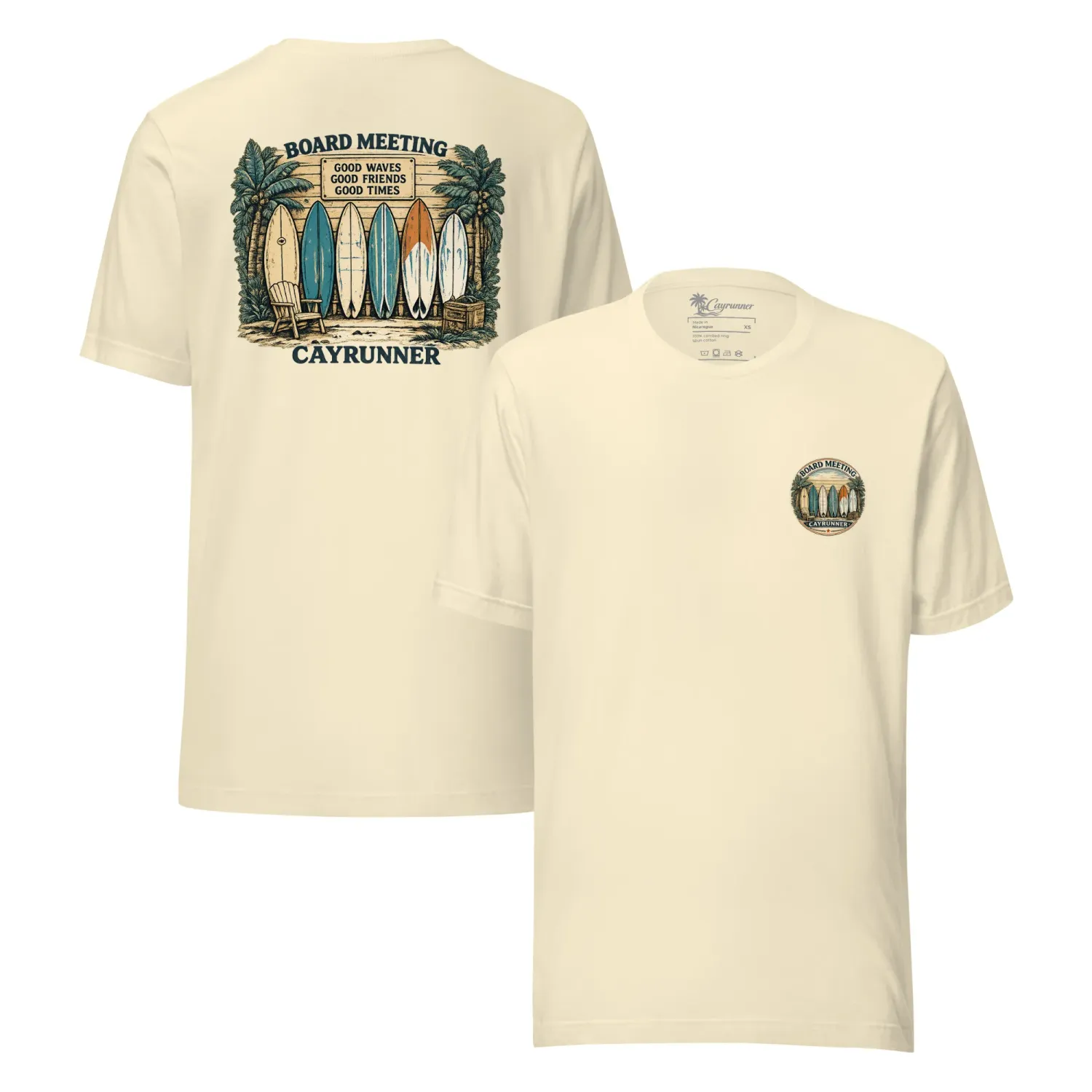 Cayrunner Board Meeting Unisex T-Shirt in natural, front and back view with surfboard beach chest and back design