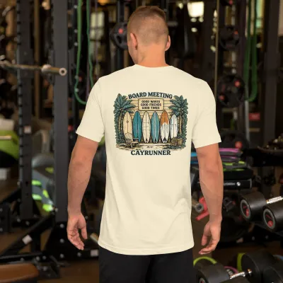 Man in a gym wearing the Cayrunner Board Meeting Unisex T-Shirt, natural color, showing back surfboard design