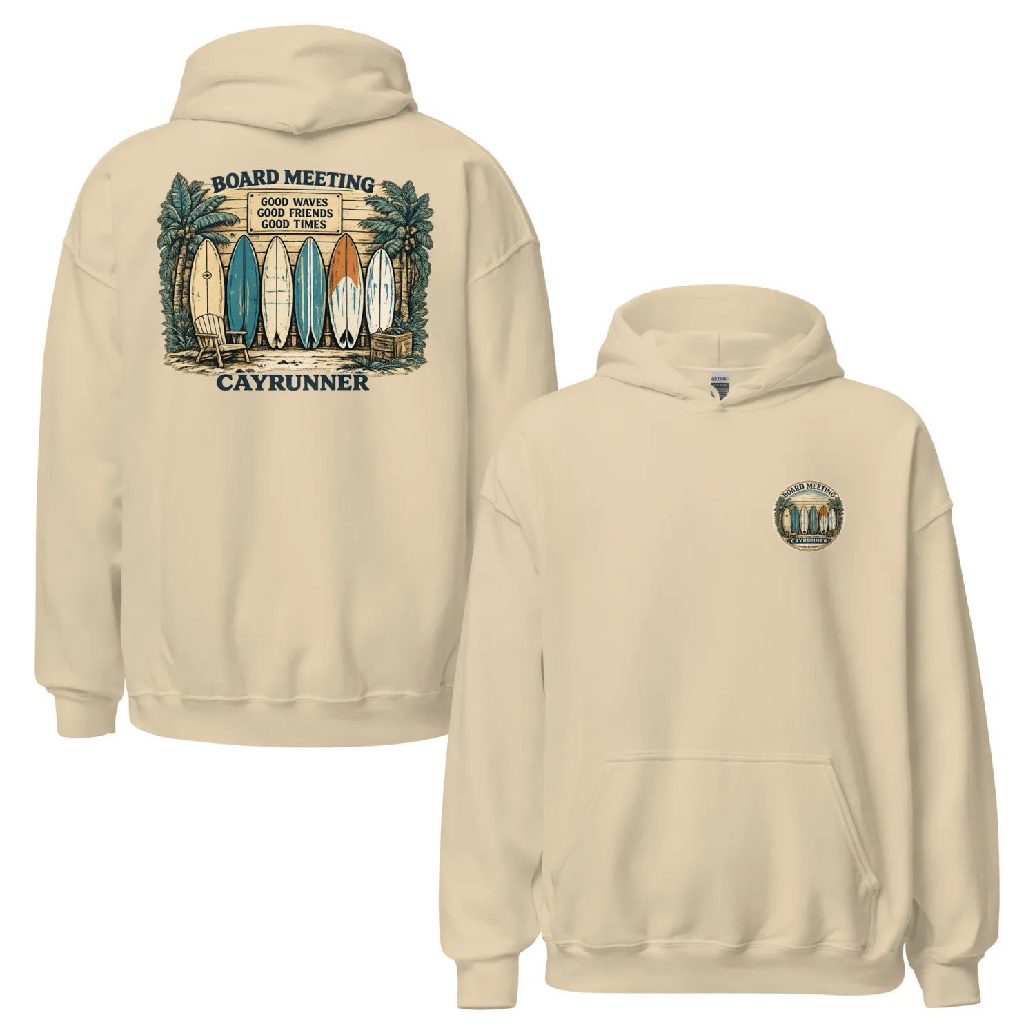 Cayrunner Board Meeting Unisex Hoodie in sand, front and back view with surfboard beach chest and back design