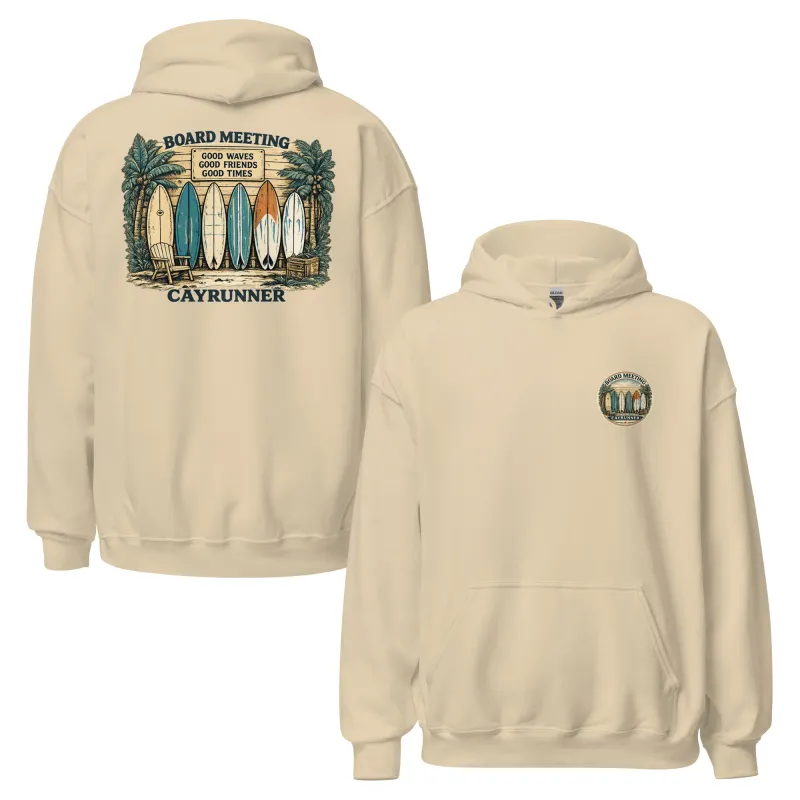 Cayrunner Board Meeting Unisex Hoodie in sand, front and back view with surfboard beach chest and back design