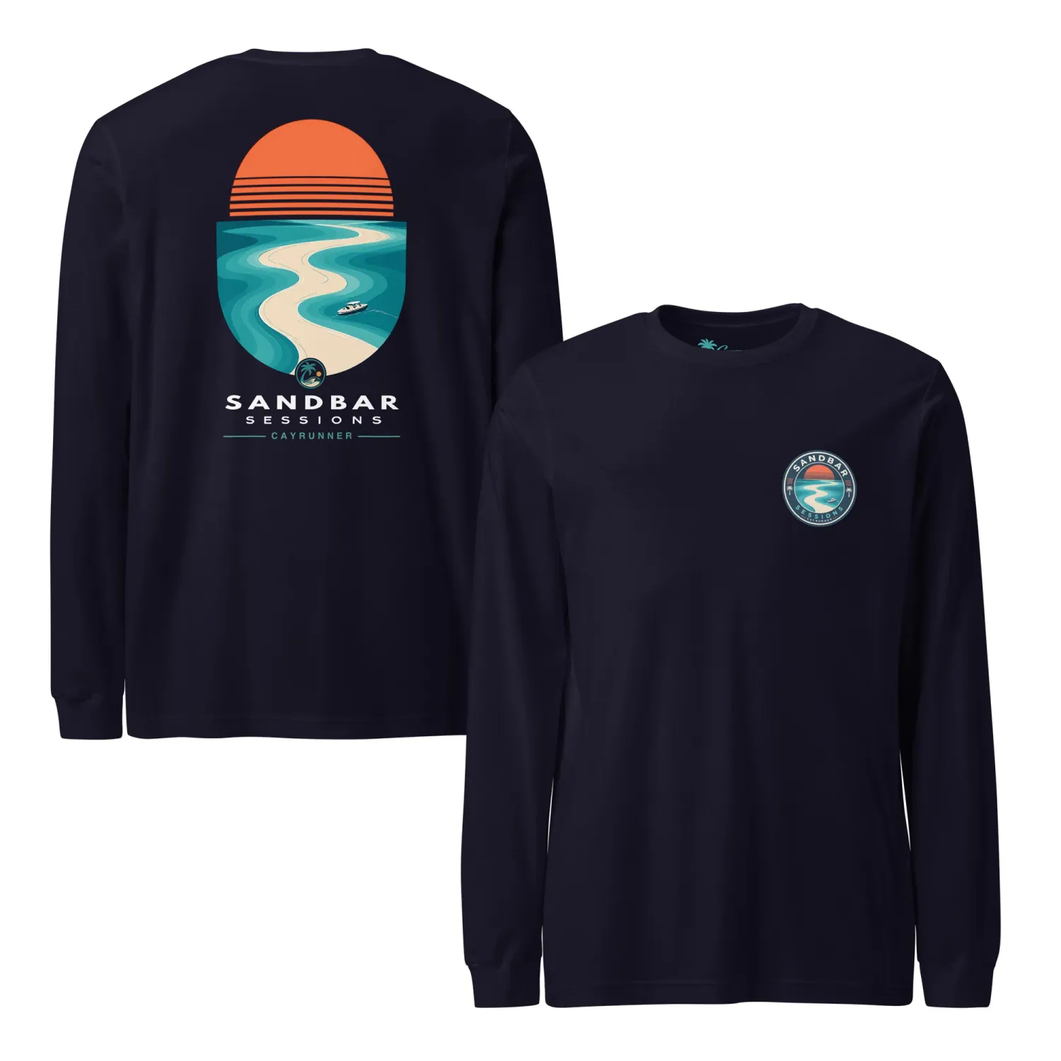 Cayrunner Sunset Sandbar Unisex Long Sleeve Tee in navy, front and back view with sandbar sunset chest and back design