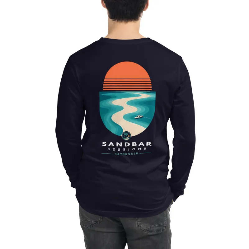 Man wearing the Cayrunner Sunset Sandbar Unisex Long Sleeve Tee in navy, showing back sandbar sunset design