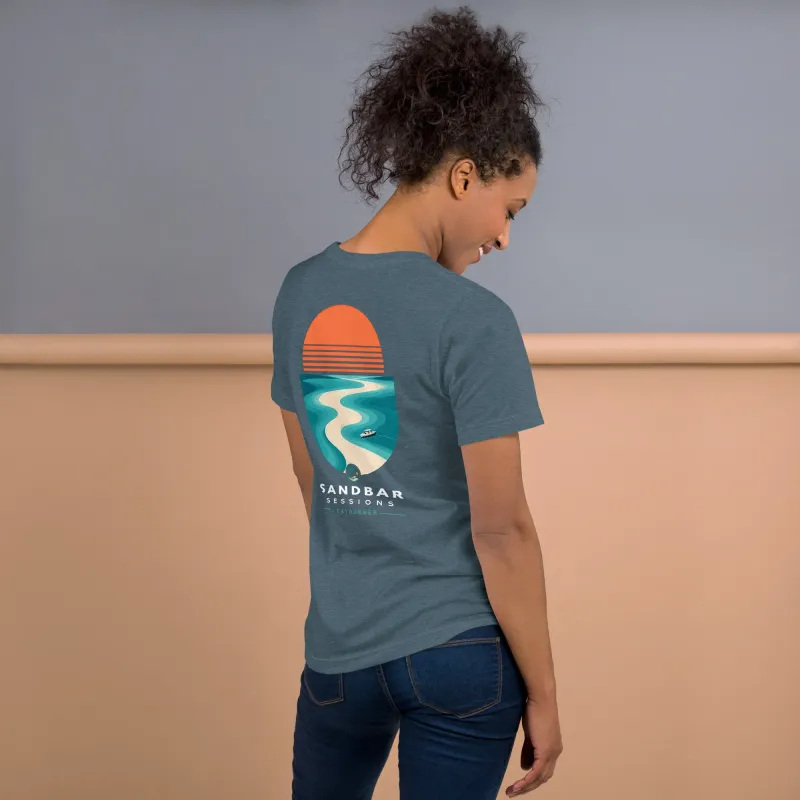 Cayrunner Sunset Sandbar Unisex T-Shirt in heather slate, front and back view with sandbar sunset chest and back design