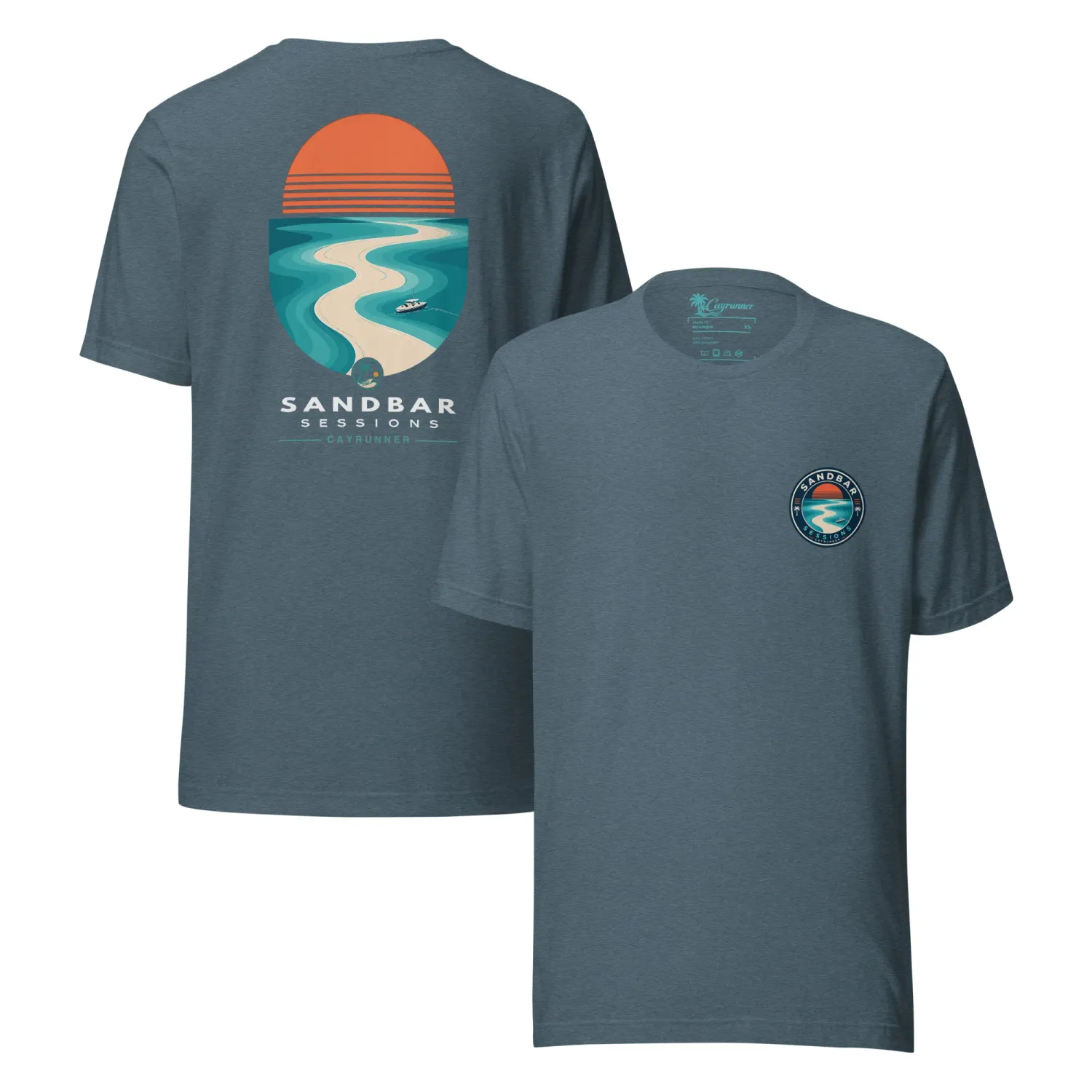 Cayrunner Sunset Sandbar Unisex T-Shirt in heather slate, front and back view with sandbar sunset chest and back design