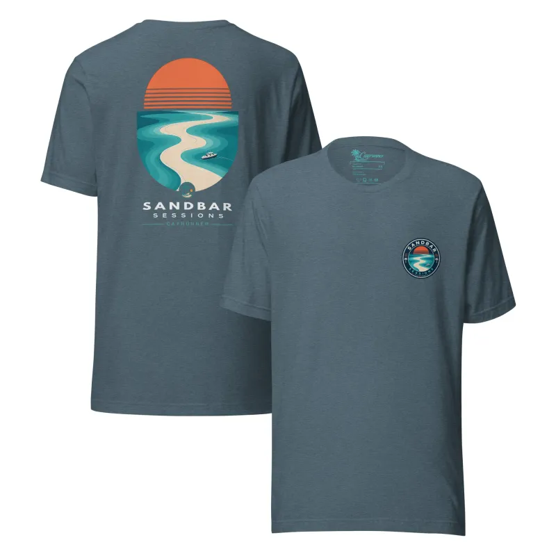 Cayrunner Sunset Sandbar Unisex T-Shirt in heather slate, front and back view with sandbar sunset chest and back design