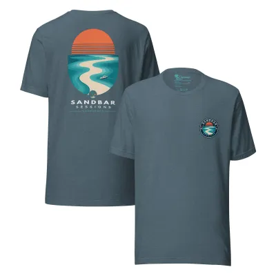 Cayrunner Sunset Sandbar Unisex T-Shirt in heather slate, front and back view with sandbar sunset chest and back design