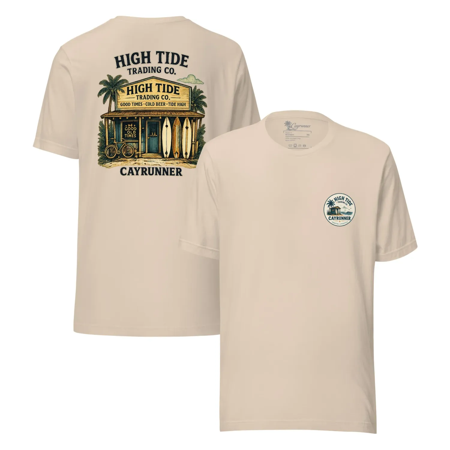 Cayrunner High Tide Trading Co. Unisex T-Shirt in cream, front and back view with beach shop chest and back design