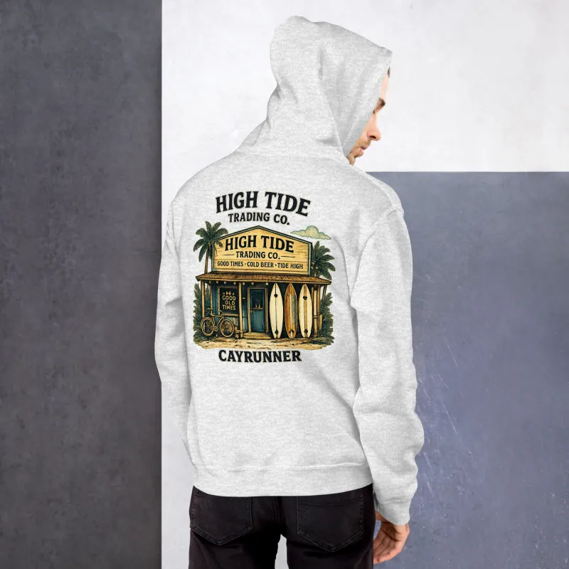 Man wearing the Cayrunner High Tide Trading Co. Unisex Hoodie in ash gray, showing back beach shop design