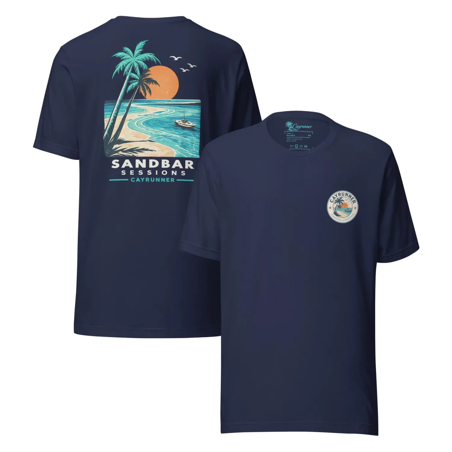 Cayrunner Salty Ways Unisex T-Shirt in navy, front and back view with palm tree beach chest and back design