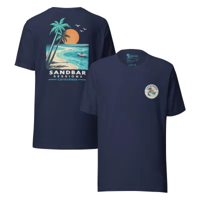 Cayrunner Salty Ways Unisex T-Shirt in navy, front and back view with palm tree beach chest and back design