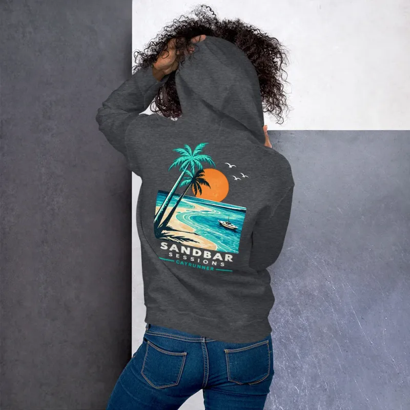 Woman wearing the Cayrunner Salty Ways Unisex Hoodie in dark heather gray, showing back palm tree beach design