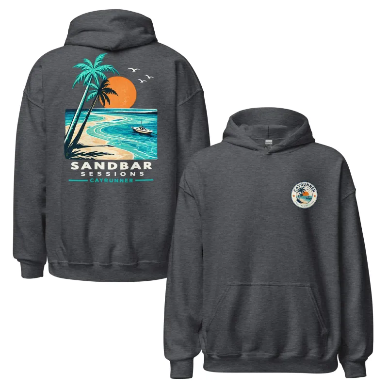 Cayrunner Salty Ways Unisex Hoodie in dark heather gray, front and back view with palm tree beach chest and back design