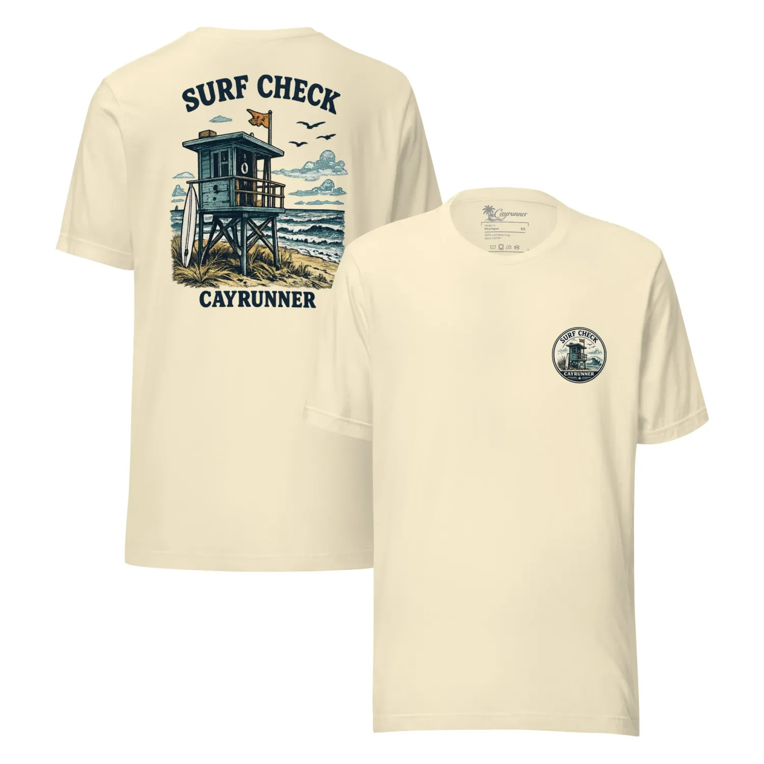 Cayrunner Surf Check Unisex T-Shirt in natural, front and back view with lifeguard tower chest and back design