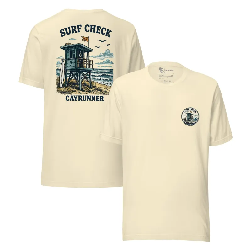 Cayrunner Surf Check Unisex T-Shirt in natural, front and back view with lifeguard tower chest and back design