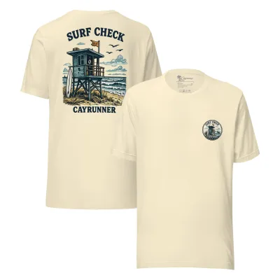 Cayrunner Surf Check Unisex T-Shirt in natural, front and back view with lifeguard tower chest and back design