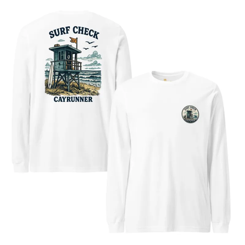Cayrunner Surf Check Unisex Long Sleeve Tee in white, front and back view with lifeguard tower chest and back design