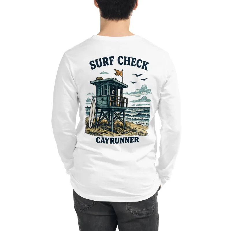 Man wearing the Cayrunner Surf Check Unisex Long Sleeve Tee in white, showing back lifeguard tower design