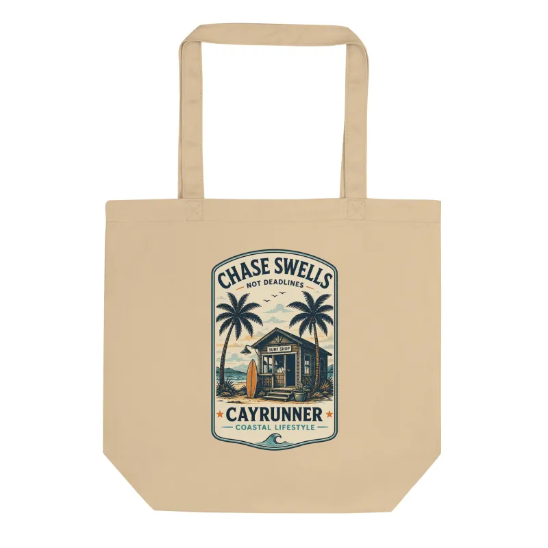 Cayrunner Chase Swells organic cotton tote bag in tan with surf shop and palm tree badge design