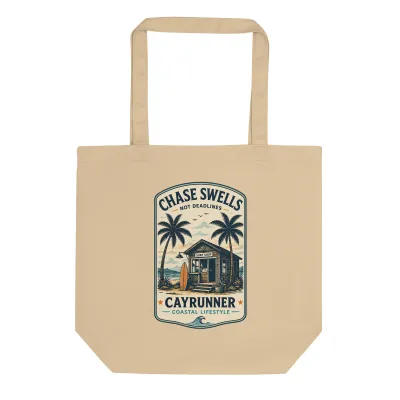 Cayrunner Chase Swells organic cotton tote bag in tan with surf shop and palm tree badge design