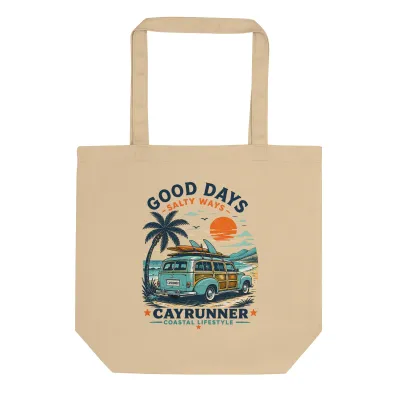 Cayrunner Good Ways Salty Ways organic cotton tote bag in tan with beach wagon and surfboard design