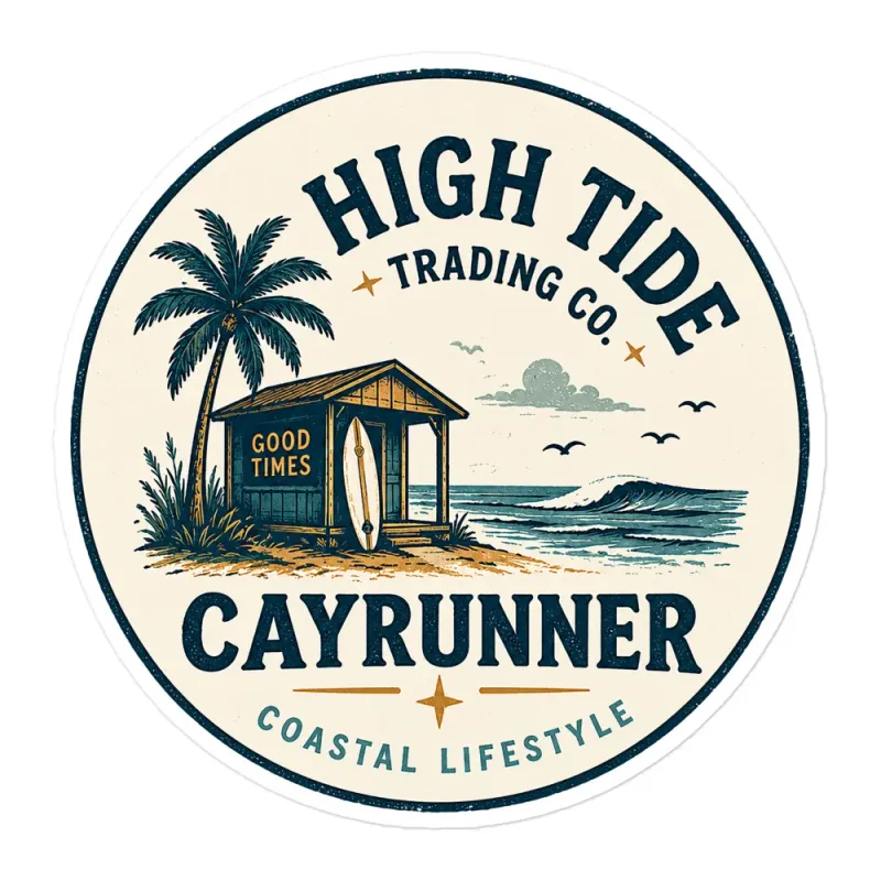 Cayrunner High Tide Trading Co. sticker with round beach shop, palm tree, and wave design
