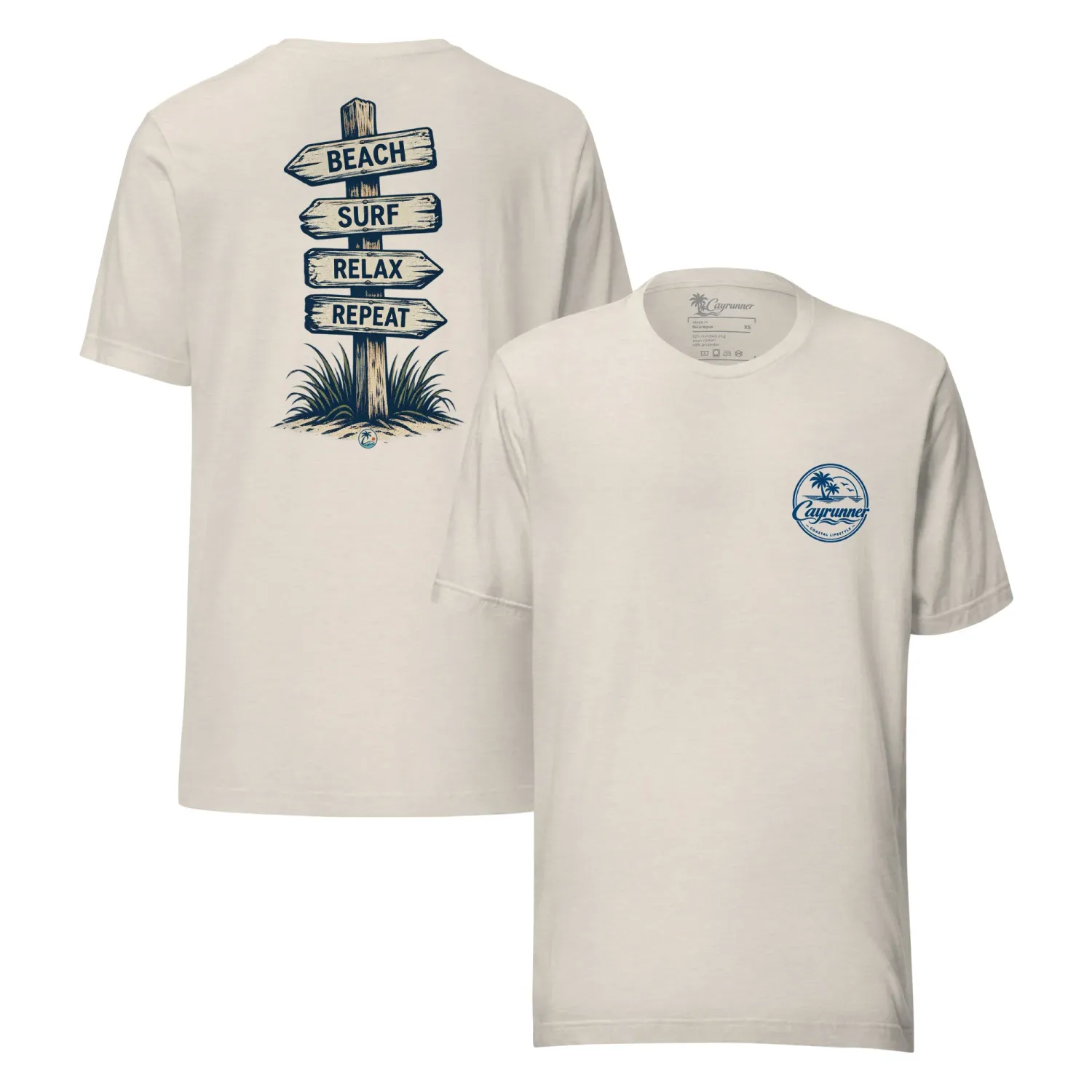 Cayrunner Find Your Coast unisex t-shirt in heather dust, showing front logo and back "Beach Surf Relax Repeat" sign design.
