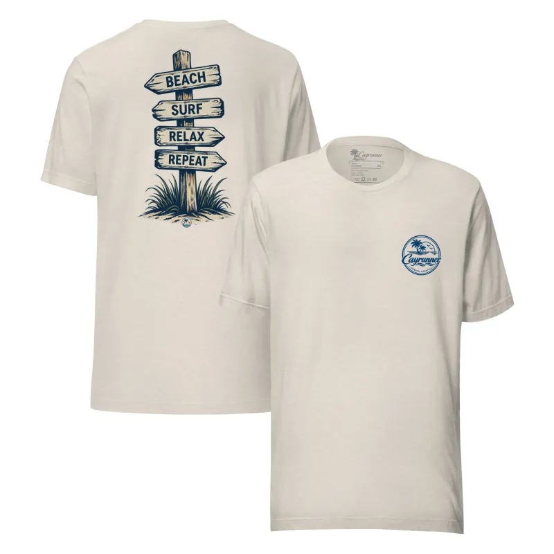 Cayrunner Find Your Coast unisex t-shirt in heather dust, showing front logo and back "Beach Surf Relax Repeat" sign design.